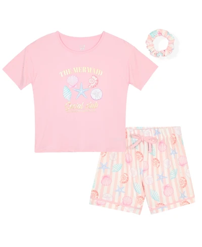 Max & Olivia Girls' 7-16 Mermaid Top, Shorts Scrunchie, 3-Piece Pajama Set