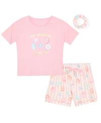 Max & Olivia Girls' 7-16 Mermaid Top, Shorts Scrunchie, 3-Piece Pajama Set