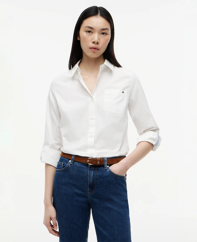 Tommy Hilfiger Women's Classic Poplin Roll-Tab Long-Sleeve Shirt