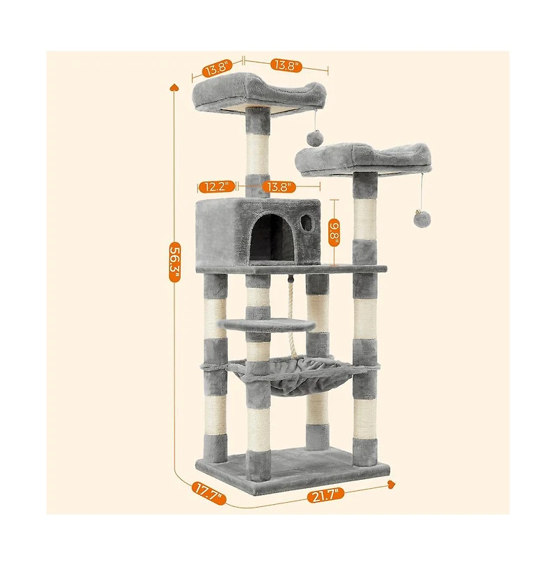 Cozito 56.3-Inch Cat Tree with Scratching Posts, Hammock, Padded Perches, Cat Condo, Anti-Tip Kit