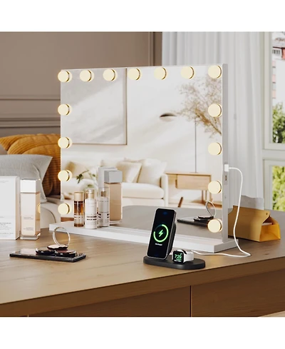 Homfan Vanity Mirror with Lights,Hollywood Mirror with 15 Led Bulbs,3 Color Modes,Detachable 3X Magnification,with Usb Charging Port