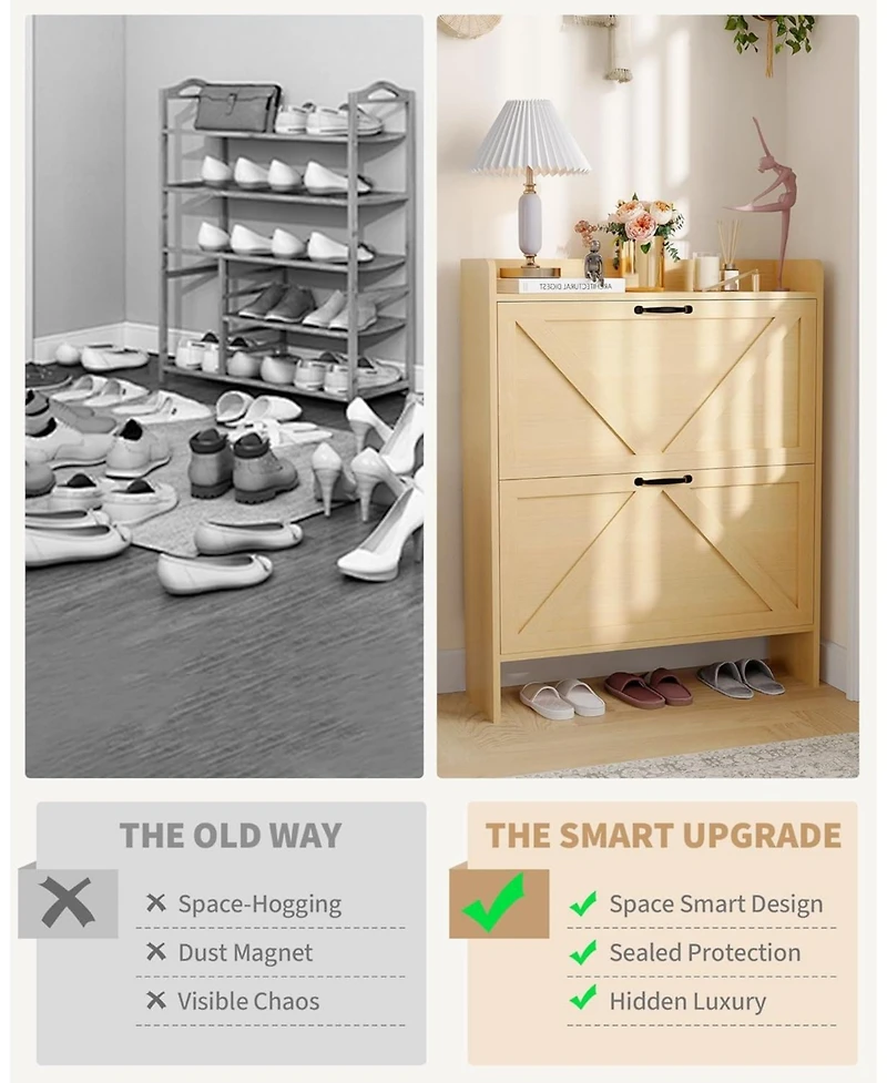 gaomon Shoe Storage Organizer with 2 Flip Drawers, Rustic Brown Farmhouse Cabinet for Entryway, Foyer, or Hallway