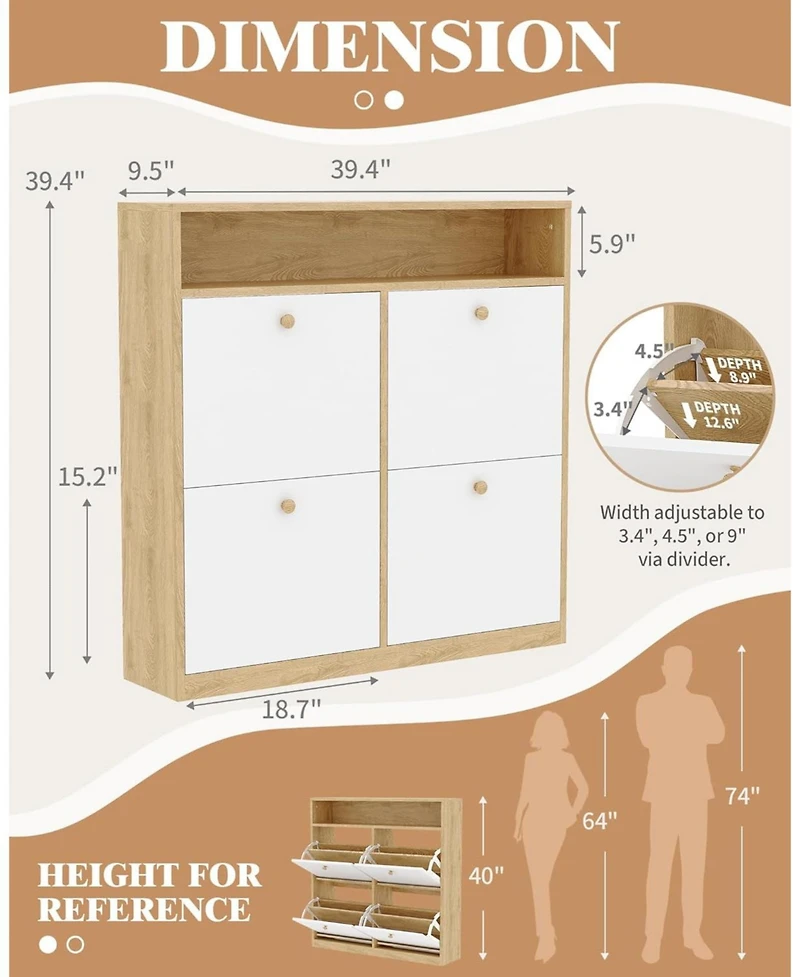 gaomon Modern Shoe Storage Cabinet with 4 Flip Drawers, Space-Saving Shoe Organizer with Wooden Handles for Entryway, Hallway or Bedroom
