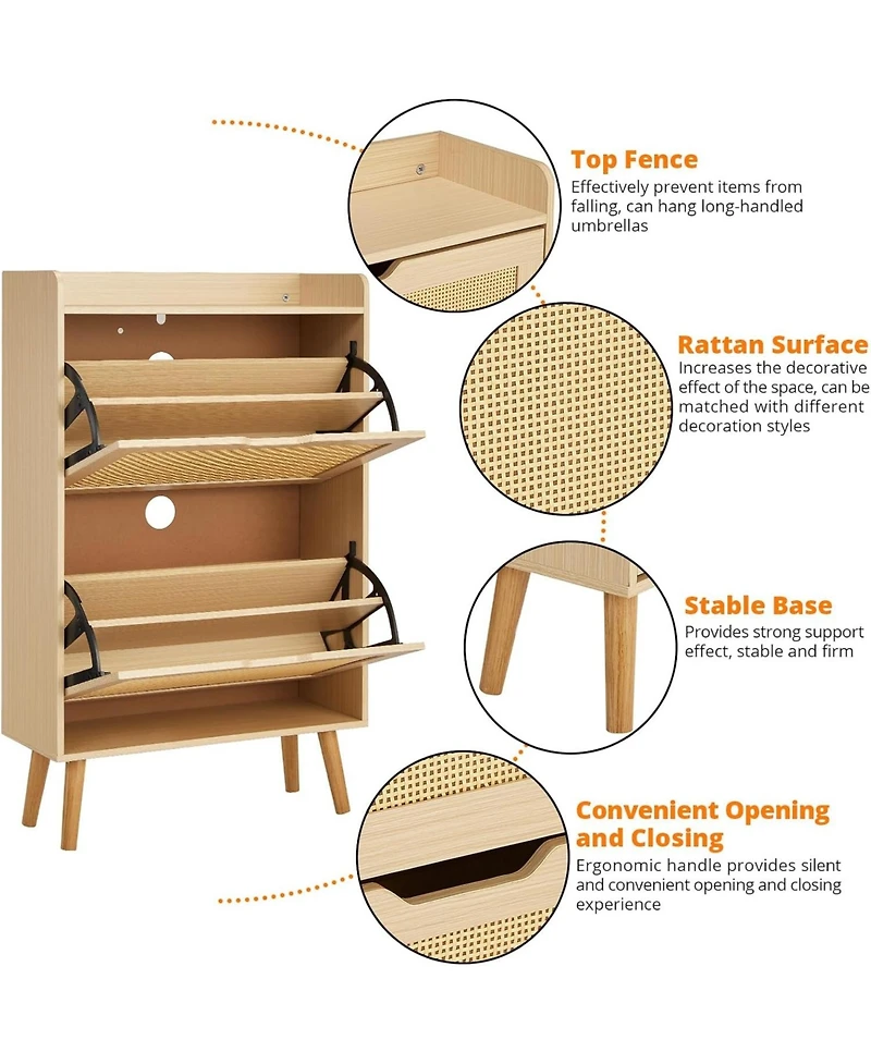 Gaomon Rattan Shoe Cabinet for Entryway, Holds 12-18 Pairs of Shoes, Anti-Tip Design for Closet