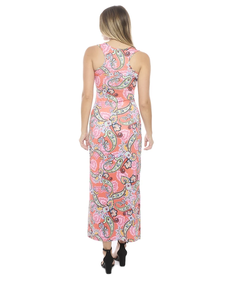 24seven Comfort Apparel Women's Paisley Scoop Neck Sleeveless Racerback Tank Maxi Dress