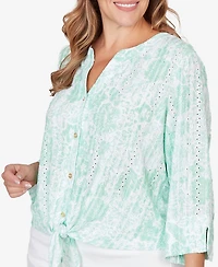 Hearts Of Palm Plus Printed Eyelet Gauze Tie Front Top