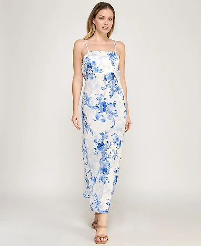 Beauty & Grace Women's Square Neck Floral Draped Back Maxi Dress
