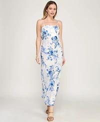 Beauty & Grace Women's Square Neck Floral Draped Back Maxi Dress