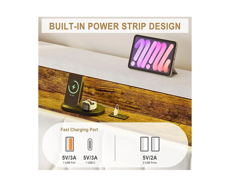 Gaomon Full Velvet Upholstered Bed Frame with Storage Headboard and Built-in Charging Station, Smart Led Lights