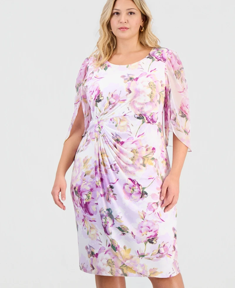 Connected Plus Size Printed Cape-Sleeve Sarong Dress