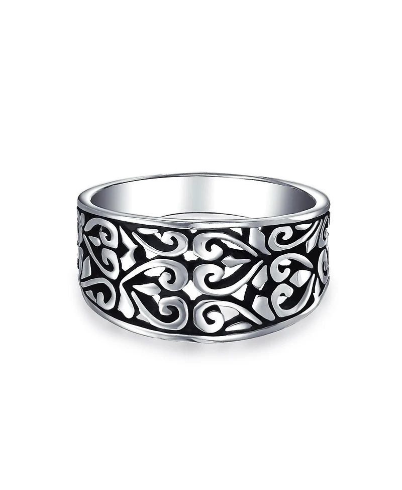 Bling Jewelry Vine Scroll Oxidized .925 Sterling Silver Open Swirl Leaf Heart Wide Band Ring