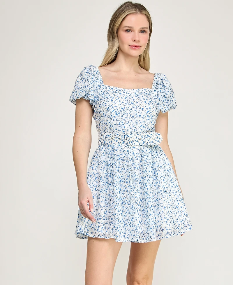 Trixxi Juniors' Short Puff-Sleeve Drop Waist Dress