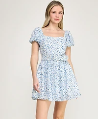 Trixxi Juniors' Short Puff-Sleeve Drop Waist Dress