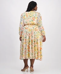 Robbie Bee Plus Floral Chiffon Faux-Wrap Balloon-Sleeve Dress