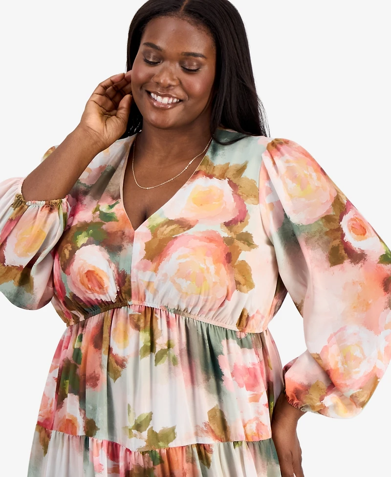 Robbie Bee Plus Printed Balloon-Sleeve Tiered Dress
