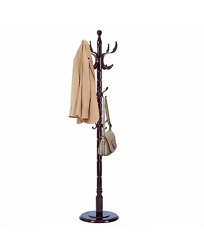 Yigii Wooden Coat Rack with Tree Design, 14 Hooks, Sturdy Base, Vintage Style