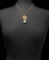 Anne Klein Imitation Pearl Flower Suede Cord Pendant Necklace, 16" + 3" extender
