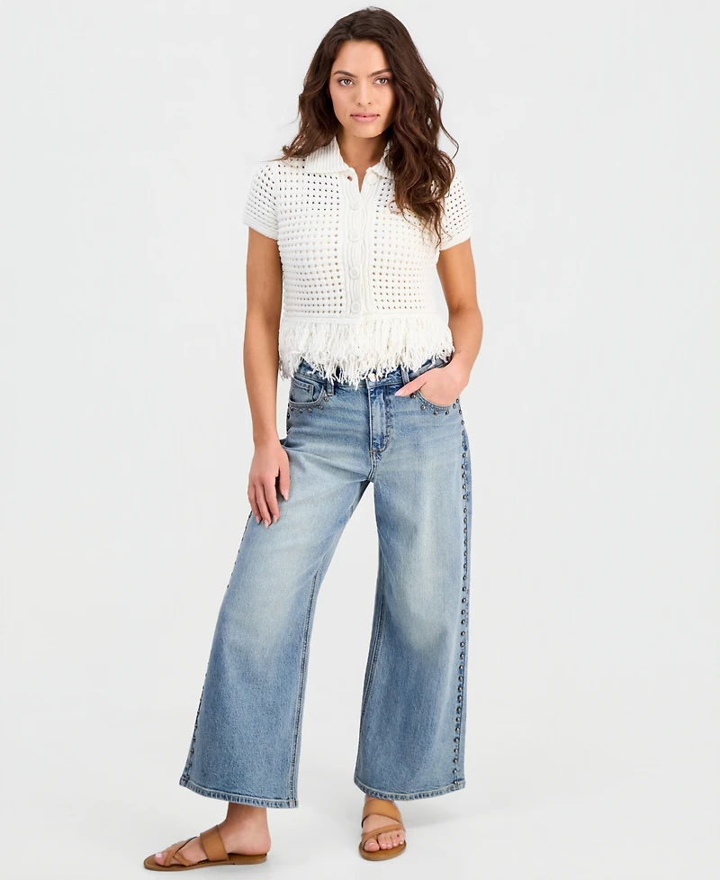 And Now This Petite Short-Sleeve Johnny-Collar Fringe Sweater, Macy's Exclusive