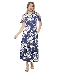 24seven Comfort Apparel Women's Floral Ruffle Sleeve Cold Shoulder A-Line Maxi Dress