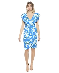 24seven Comfort Apparel Women's Floral Flutter Sleeve Faux Wrap Knee Length Dress