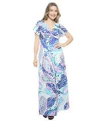 24seven Comfort Apparel Women's Abstract V-Neck Empire Waist Cap Sleeve Maxi Dress