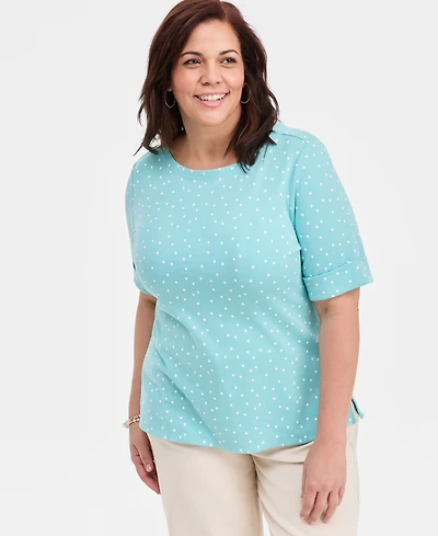 Style & Co Plus Boat-Neck Elbow Sleeve Cotton Top