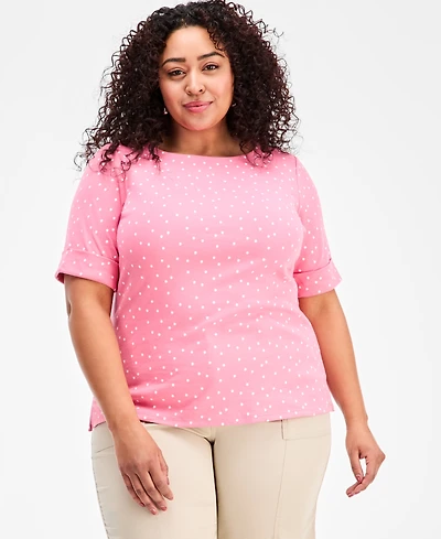 Style & Co Plus Size Printed Boat-Neck Elbow-Sleeve Top, Macy's Exclusive