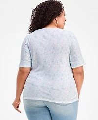 Style & Co Plus Printed Boat-Neck Elbow Sleeve Cotton Top, Macy's Exclusive
