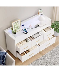 gaomon 5 Drawer Dresser for Bedroom, 47 Modern Wooden with Led Lights Charging Station, Wide Chest of Drawers Storage Organizer Nursery