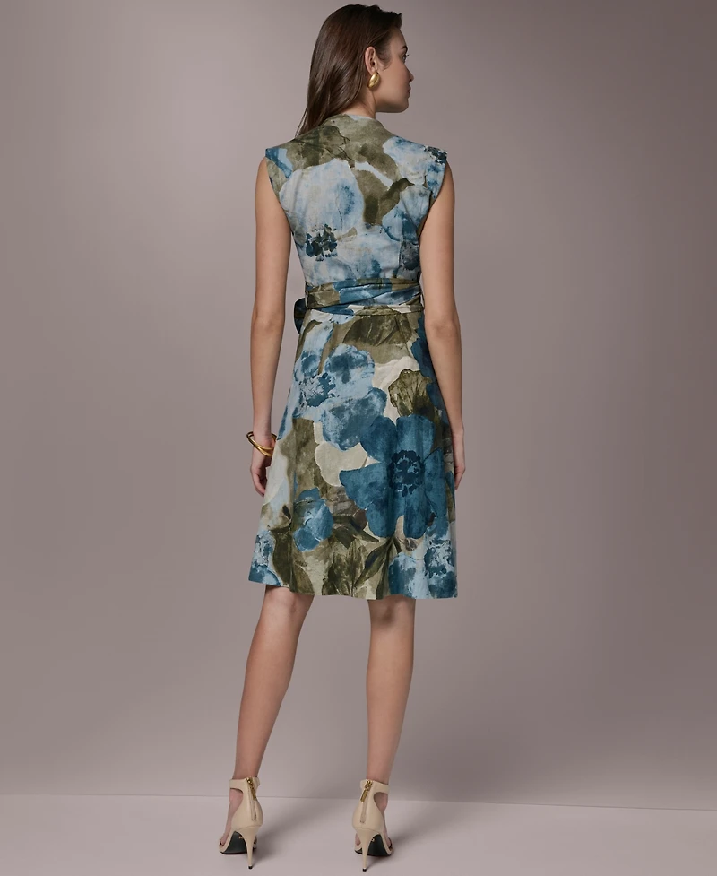 Donna Karan New York Women's Sleeveless Floral Faux Wrap A-Line Dress