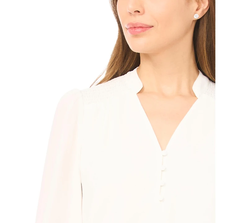 CeCe Women's Long-Sleeve V-Neck Smocked Top