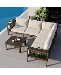 Flynama 4 Piece Outdoor Acacia Wood L Shaped Patio Sofa Set with Coffee Table Woven Mesh Armrests Beige Cushions for Garden Poolside