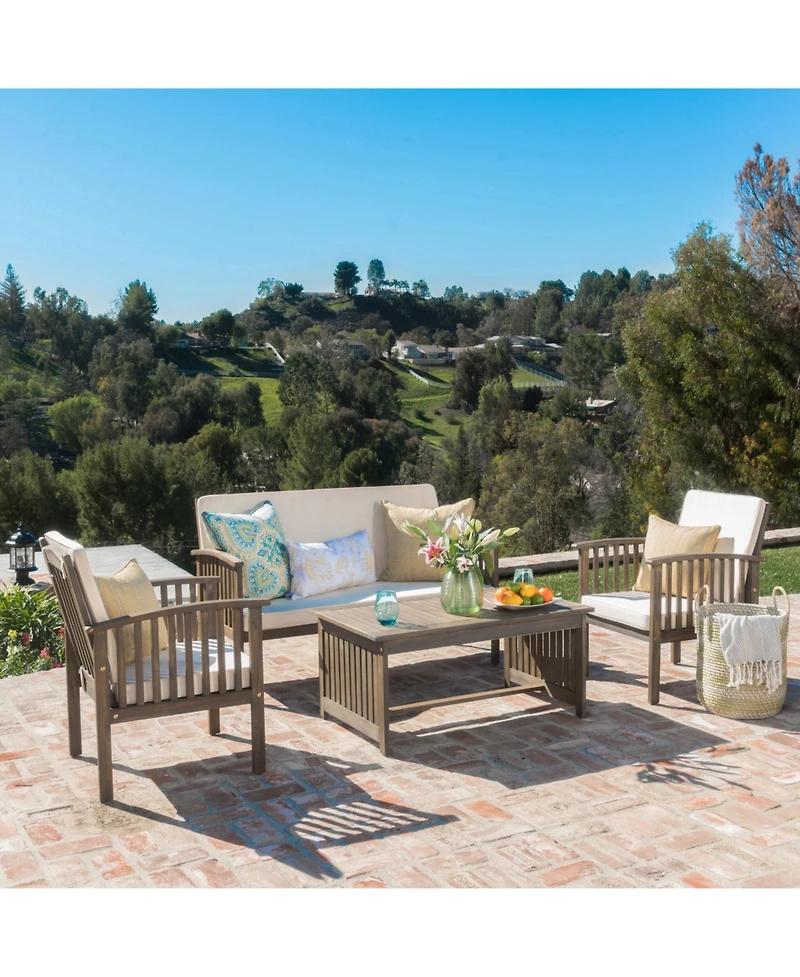 Flynama 4 Piece Acacia Wood Outdoor Chat Set Water Resistant Cream Gray Cushions Heavy Duty Frame for Patio Garden Leisure