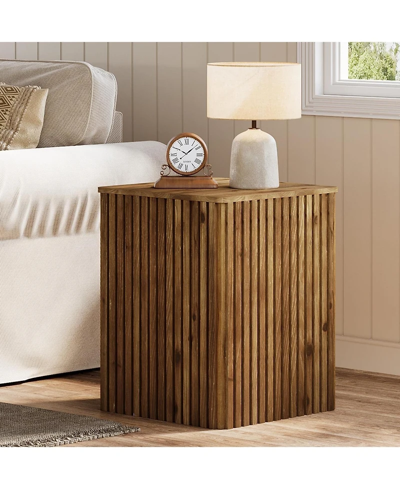 Tribesigns Solid Wood Square End Table with Storage Set of 2, Mid-Century Modern Bedside Nightstand with Removable Lid, Fluted Side Table