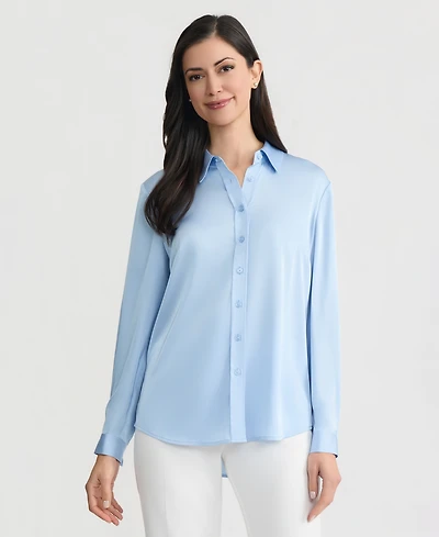 Kasper Women's Button-Front Long-Sleeve Collared Neck Blouse