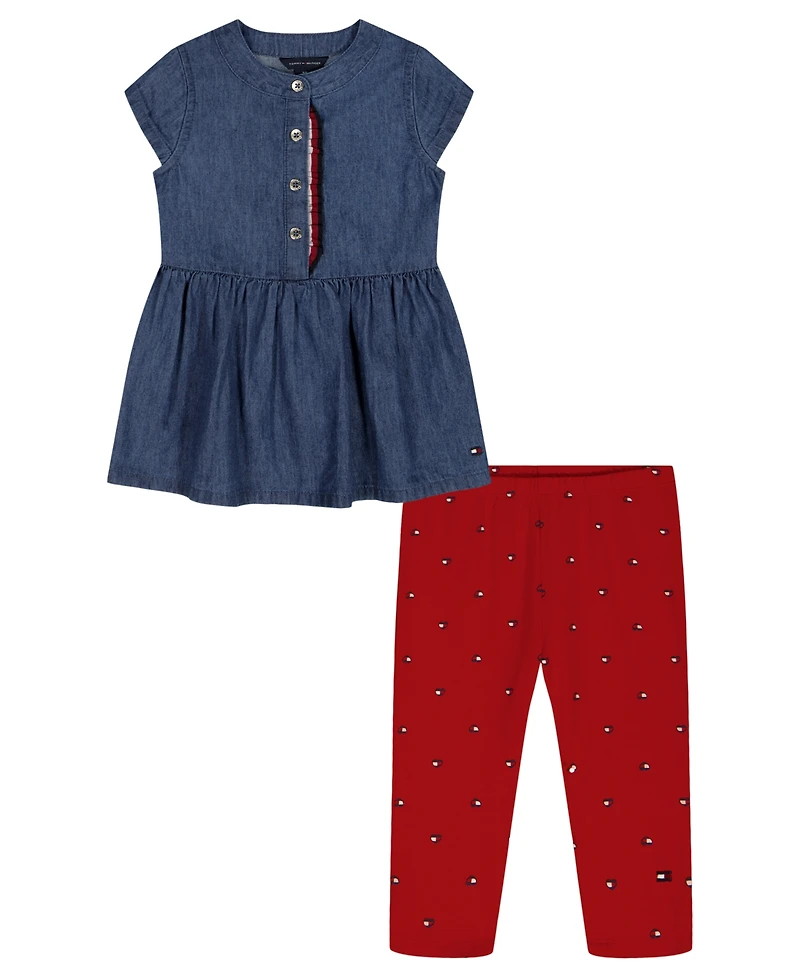 Tommy Hilfiger Girls' Toddler 2T-4T Sleeveless Denim Tunic & Printed Capri Leggings, 2-Piece Set