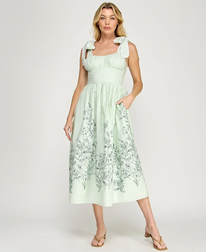 Row A Women's Tie Shoulder Fit & Flare Midi Dress