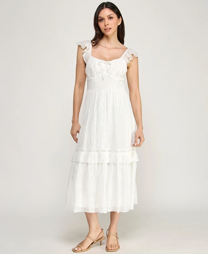 Row A Women's Flutter Sleeve Embroidered Midi Dress