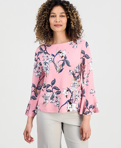 Jm Collection Petite Floral Flare-Sleeve Boat-Neck Top, Created for Macy's