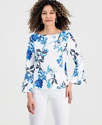 Jm Collection Petite Floral Flare-Sleeve Boat-Neck Top, Created for Macy's