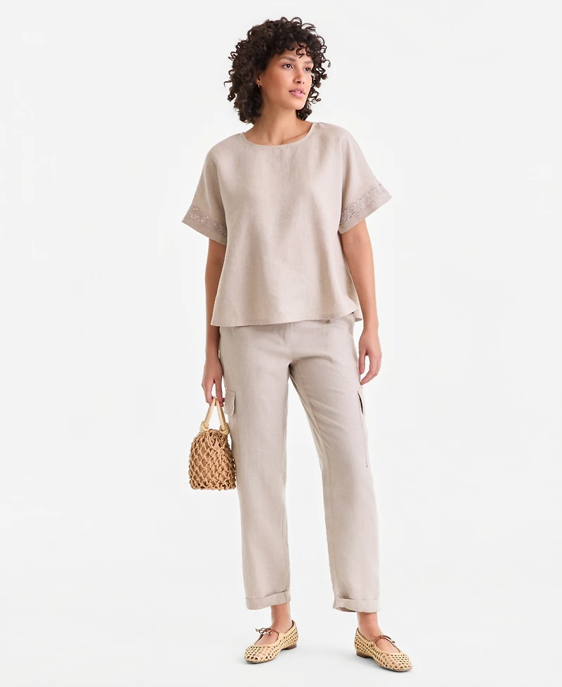 Charter Club Women's 100% Linen Eyelet-Trim Short-Sleeve Top, Macy's Exclusive