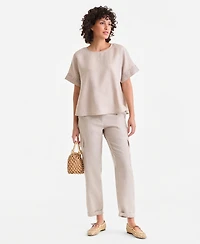 Charter Club Women's 100% Linen Eyelet-Trim Short-Sleeve Top, Macy's Exclusive
