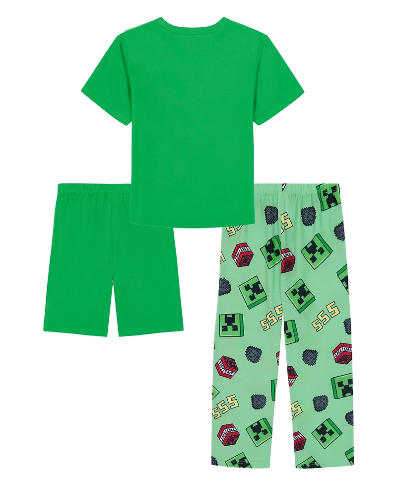 Minecraft Boys' 6-12 Graphic Short-Sleeve Top, Short and Pants, 3-Piece Pajama Set