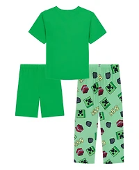 Minecraft Boys' 6-12 Graphic Short-Sleeve Top, Short and Pants, 3-Piece Pajama Set