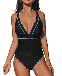 Cupshe Women's V-Neck Ruched Crisscross Back One-Piece Swimsuit