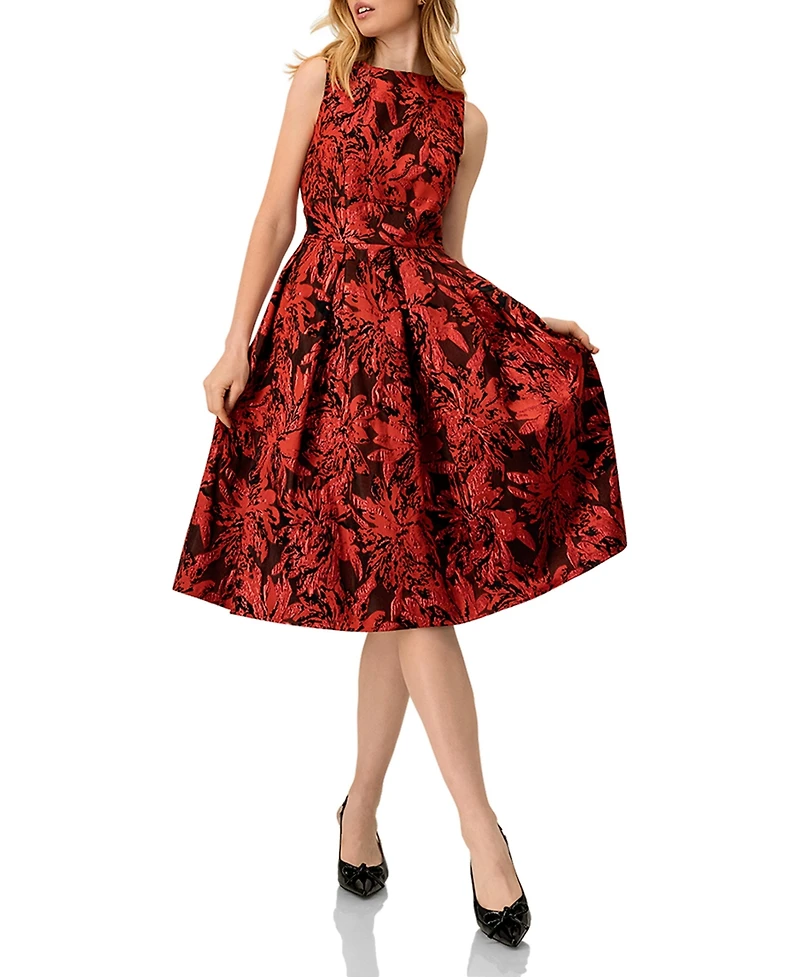 Ivonne Women's Sleeveless Red and Black Jacquard Midi Dress