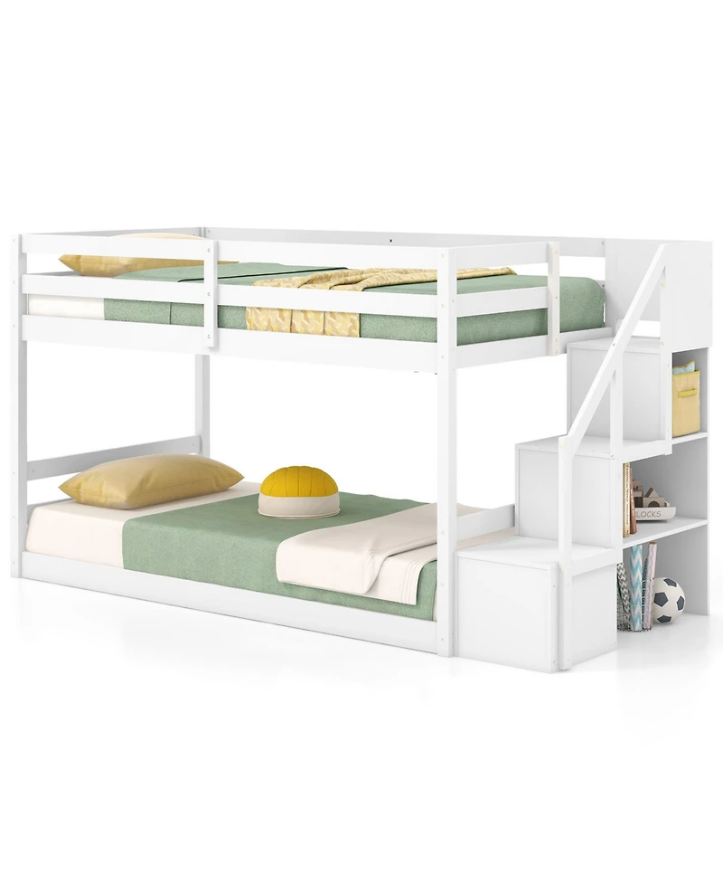 Slickblue Twin Over Twin Bunk Bed with Storage Stairs, Solid Wood Frame - 42