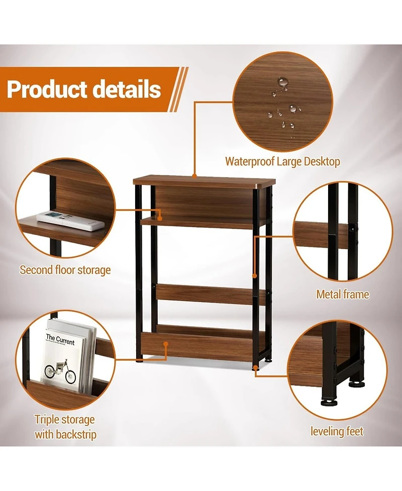 gaomon Walnut Narrow Side Table Nightstand, Storage Shelf & Magazine Rack Slim Organizer for Small Bathroom Bedroom