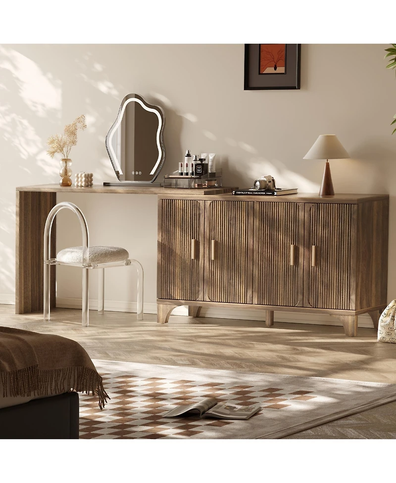 Sugift 55" Mid Century Modern Fluted Buffet Cabinet with Storage 4 Door Wood Sideboard Credenza for Kitchen Living Room