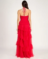 City Studios Juniors' Corset Halter Ruffle Tier Skirt Gown
